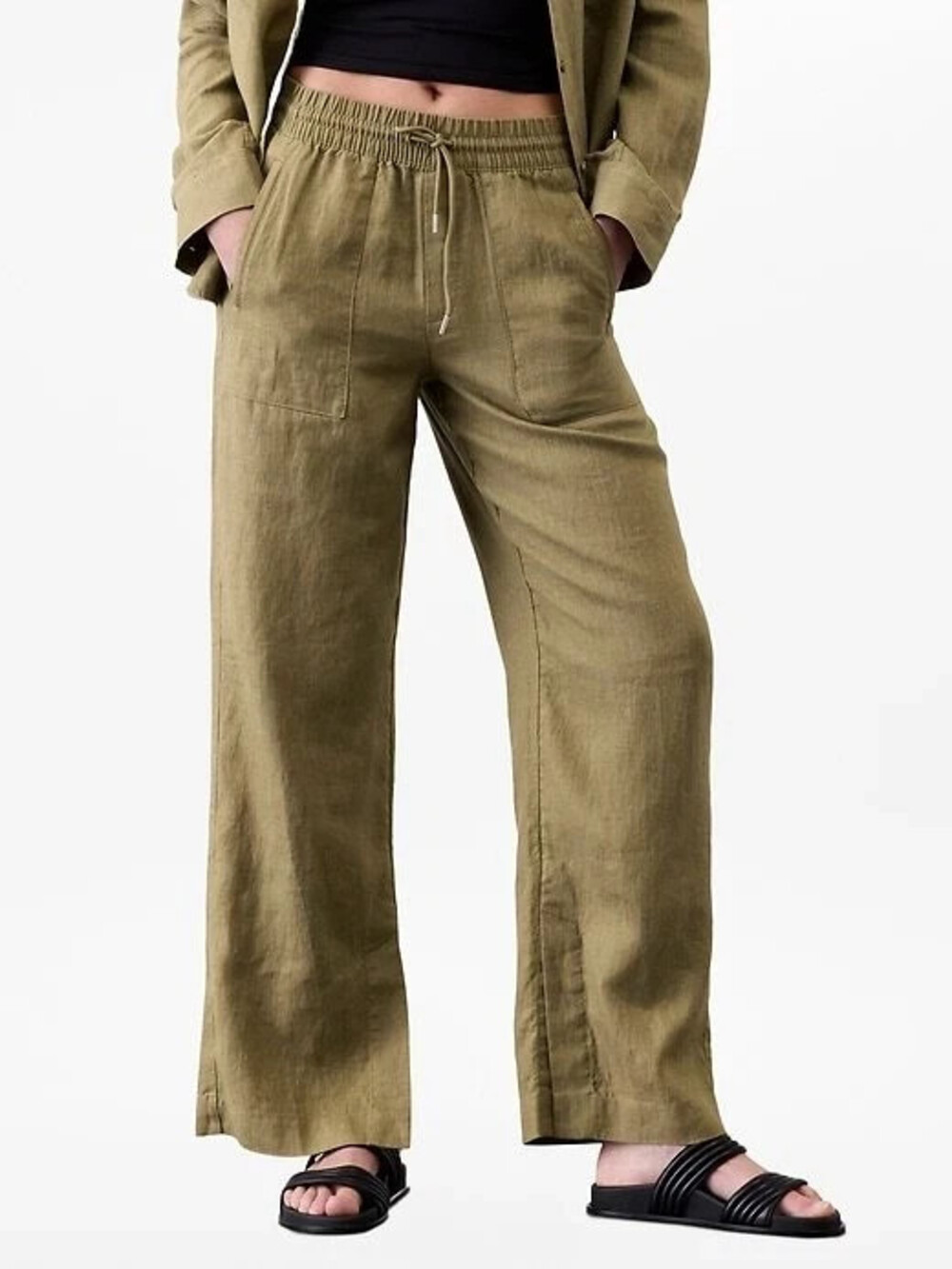 Athleta Retreat Linen Wide Leg Pants Medium Olive Branch High Rise Slit